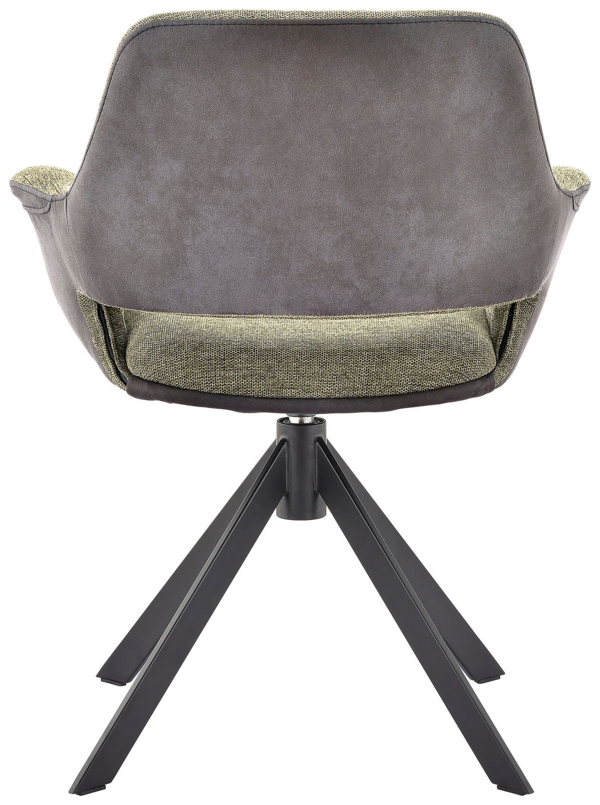 Rückansicht eines modernen Sessels mit grauem Stoffbezug und schwarzem Metallgestell.