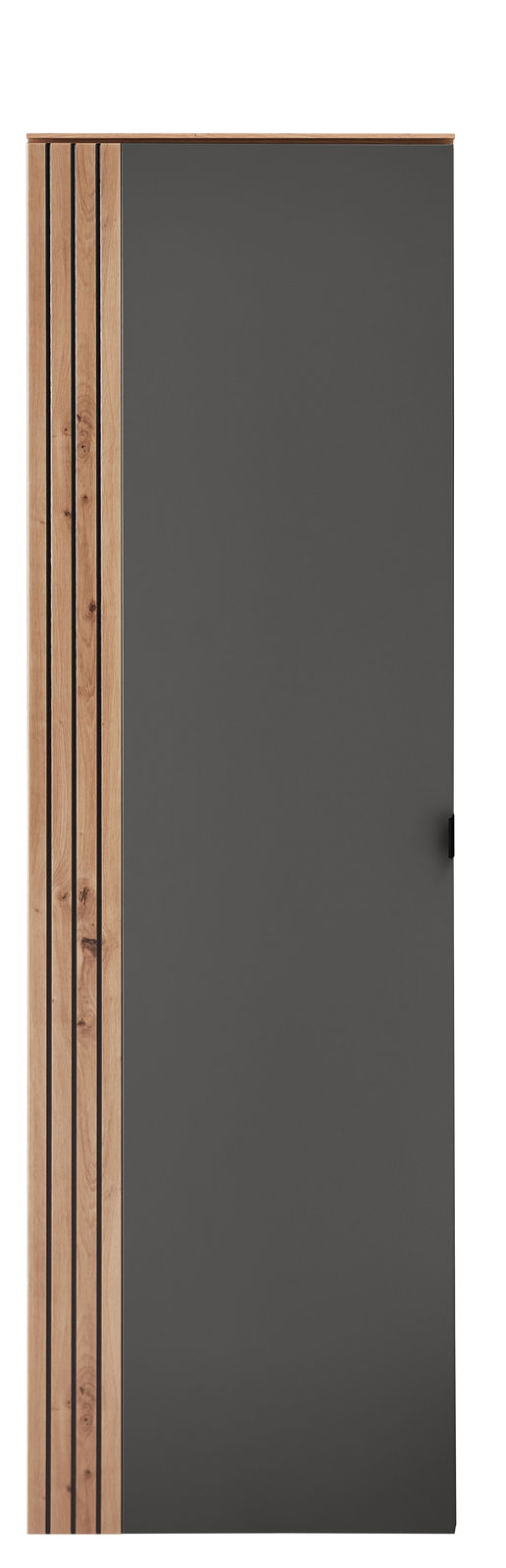 Garderoben-Hängeschrank in Frontansicht mit grauer Tür und Holzelementen auf der linken Seite.