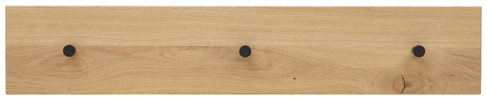 Garderobenleiste aus Holz mit drei schwarzen Haken, Ansicht von vorne