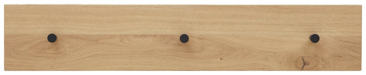 Garderobenleiste aus Holz mit drei schwarzen Haken, Ansicht von vorne