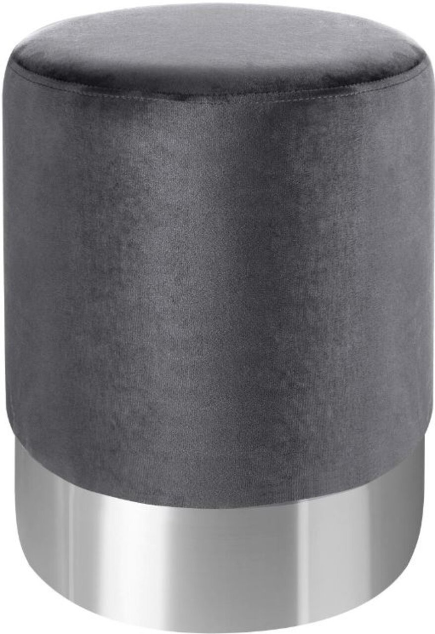 XORA Hocker PURO Grauer Hocker mit samtiger Oberfläche und silbernem Sockel, frontal betrachtet.