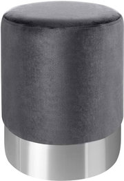 Grauer Hocker mit samtiger Oberfläche und silbernem Sockel, frontal betrachtet.