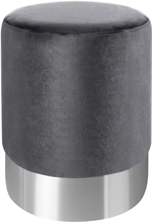 Grauer Hocker mit samtiger Oberfläche und silbernem Sockel, frontal betrachtet.