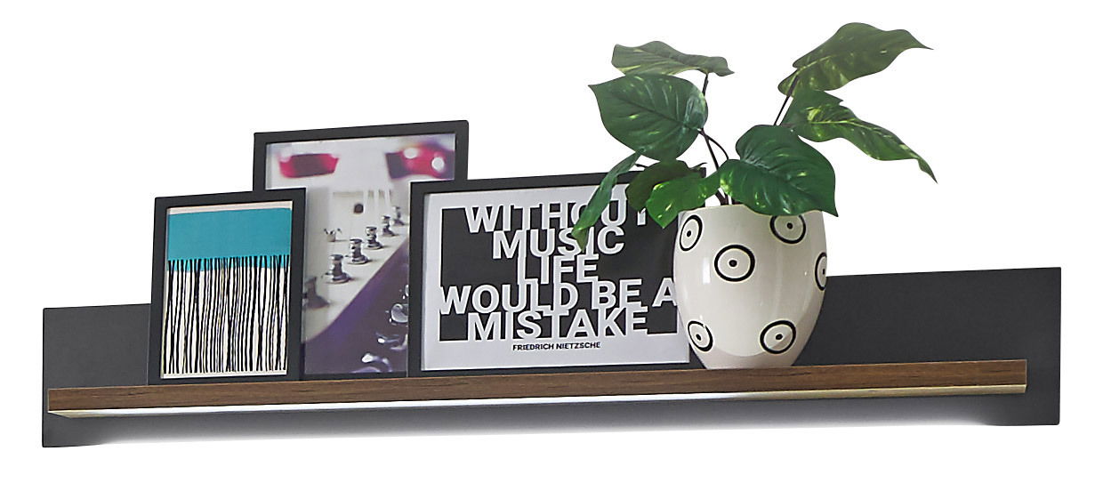 Wandpaneel mit dekorativen Elementen, darunter Bilderrahmen und eine Pflanze in einem gemusterten Topf, aus der Perspektive von vorne betrachtet.