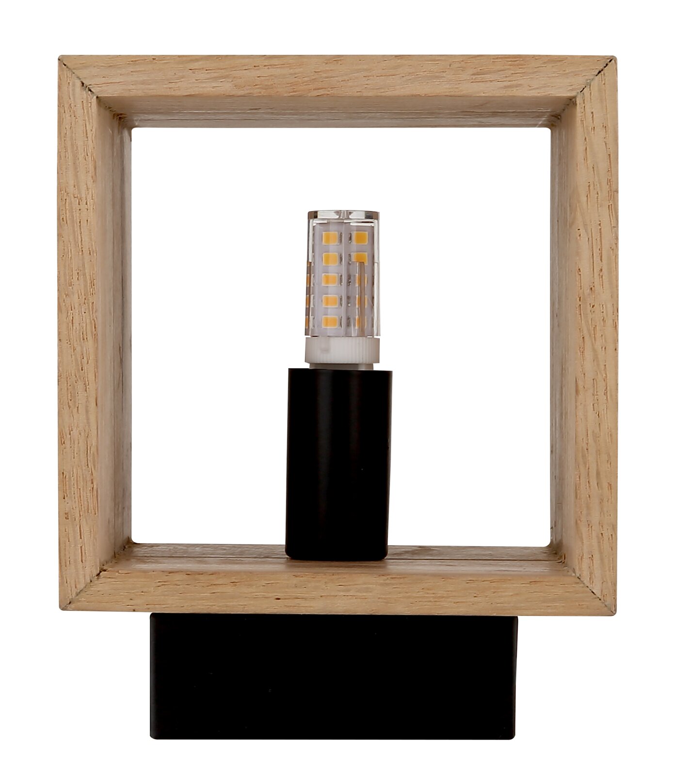 Moderne Tischleuchte mit quadratischem Holzrahmen und schwarzem Sockel, sichtbare LED-Kolbenlampe, frontal aus der Vorderansicht fotografiert