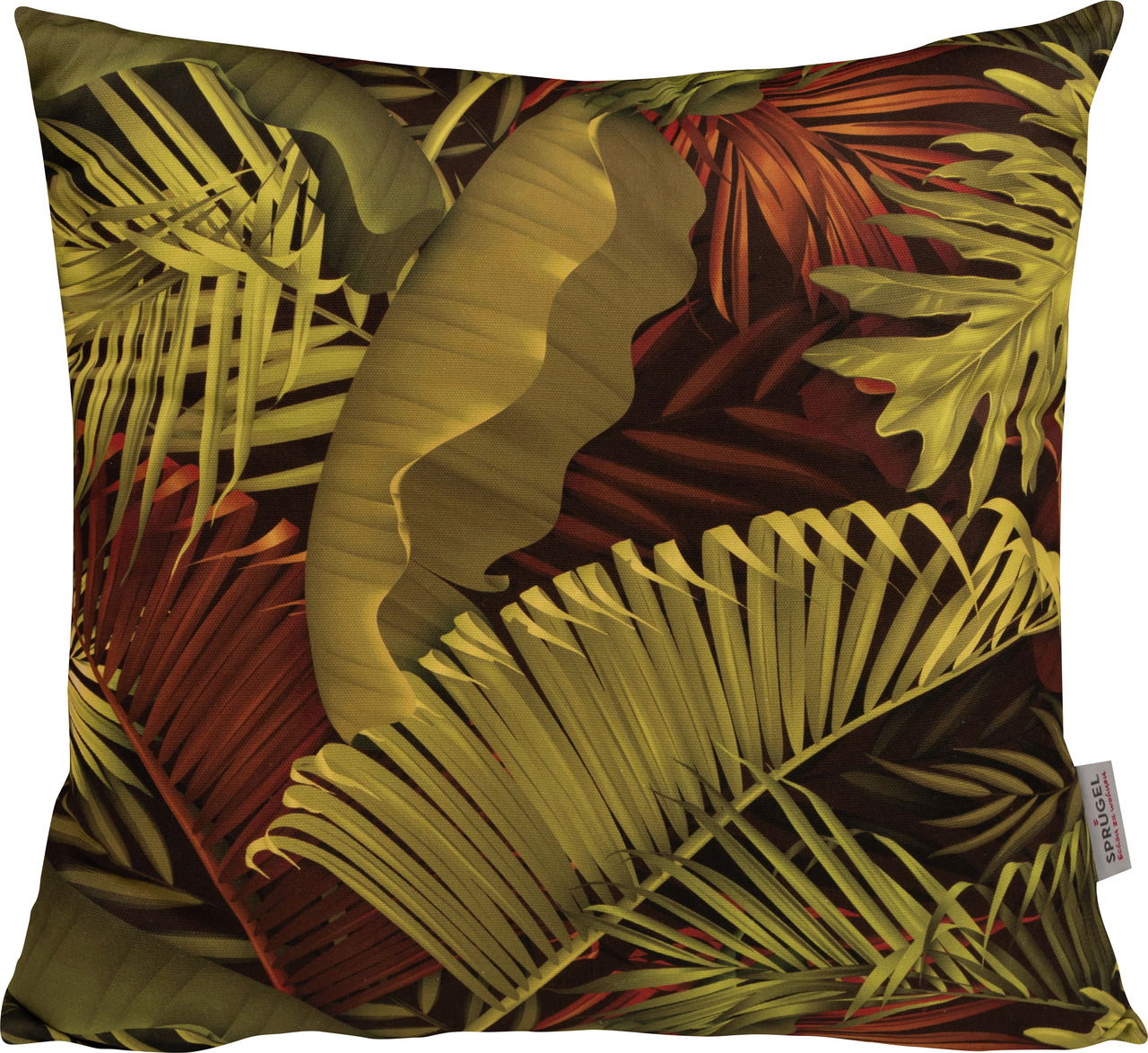 Kissen mit tropischem Blätterdesign in grünen und roten Tönen, Vorderansicht