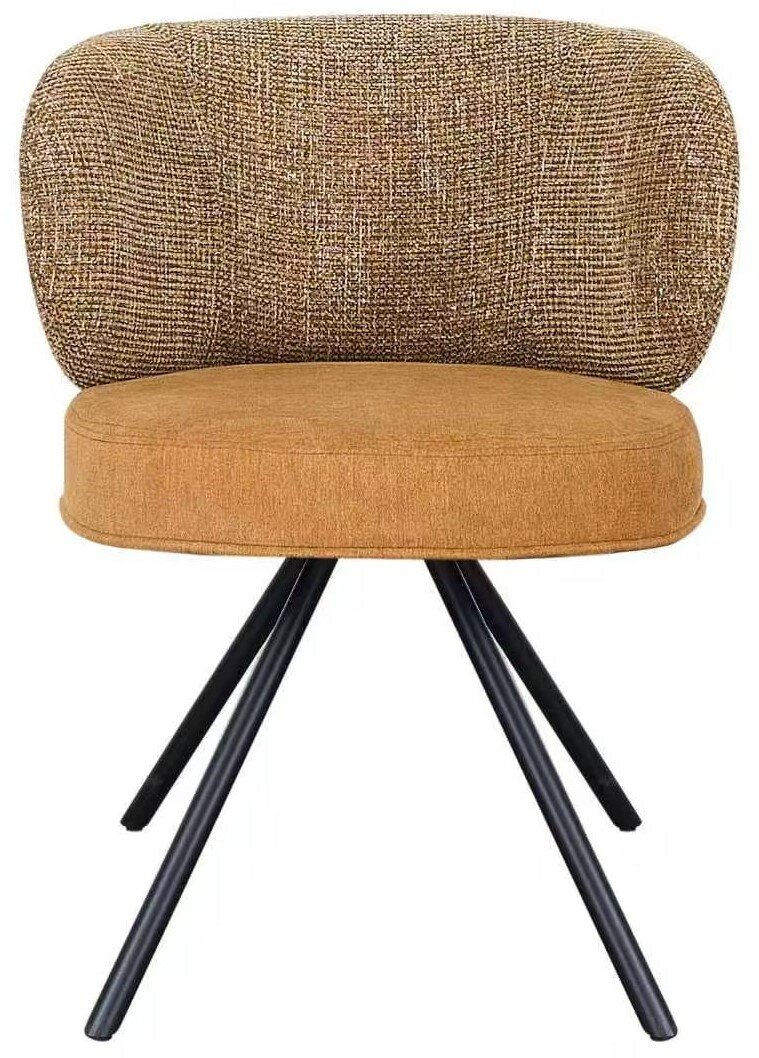 Moderne eetkamerstoel met ronde zitting in camelkleur, bolle geweven rugleuning in bruin/beige en zwarte metalen poten, frontaal aanzicht