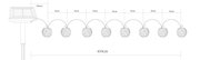 Diagramm einer Solar-Lichterkette mit sieben kugelförmigen Lampen, die in gleichmäßigen Abständen von 30 cm angeordnet sind. Die Lichterkette hat eine Gesamtlänge von 410 cm und ist mit einem Solarpanel verbunden. Seitenansicht.