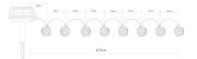 Diagramm einer Solar-Lichterkette mit sieben kugelförmigen Lampen, die in gleichmäßigen Abständen von 30 cm angeordnet sind. Die Lichterkette hat eine Gesamtlänge von 410 cm und ist mit einem Solarpanel verbunden. Seitenansicht.