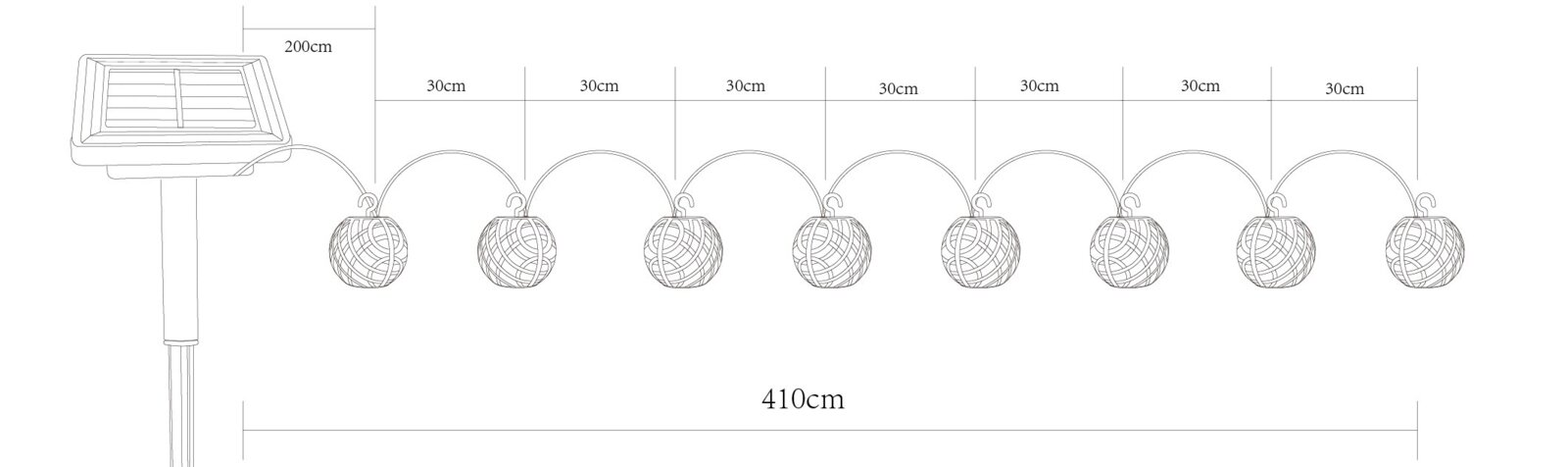 Diagramm einer Solar-Lichterkette mit sieben kugelförmigen Lampen, die in gleichmäßigen Abständen von 30 cm angeordnet sind. Die Lichterkette hat eine Gesamtlänge von 410 cm und ist mit einem Solarpanel verbunden. Seitenansicht.