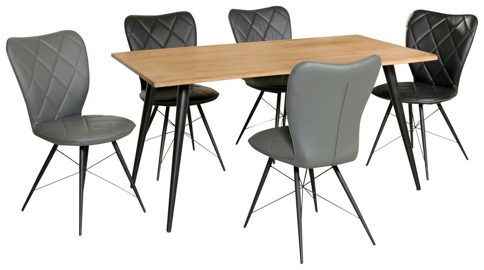 Moderner Esstisch mit Holzplatte und fünf grauen Stühlen, seitliche Perspektive