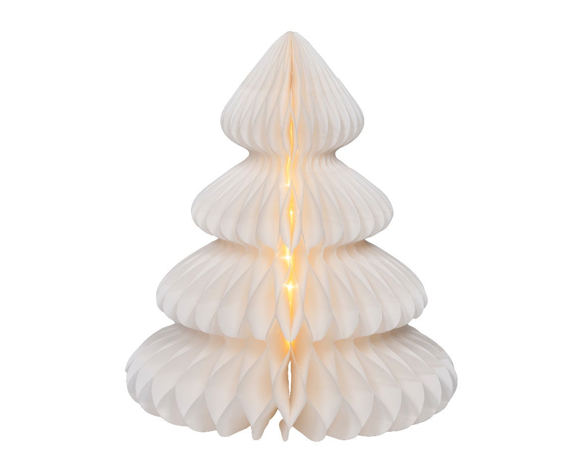 Weißer Micro LED Baum aus Papier in Tannenbaumform, frontal betrachtet, mit warmem Licht leuchtend.