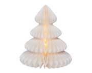 Weißer Micro LED Baum aus Papier in Tannenbaumform, frontal betrachtet, mit warmem Licht leuchtend.