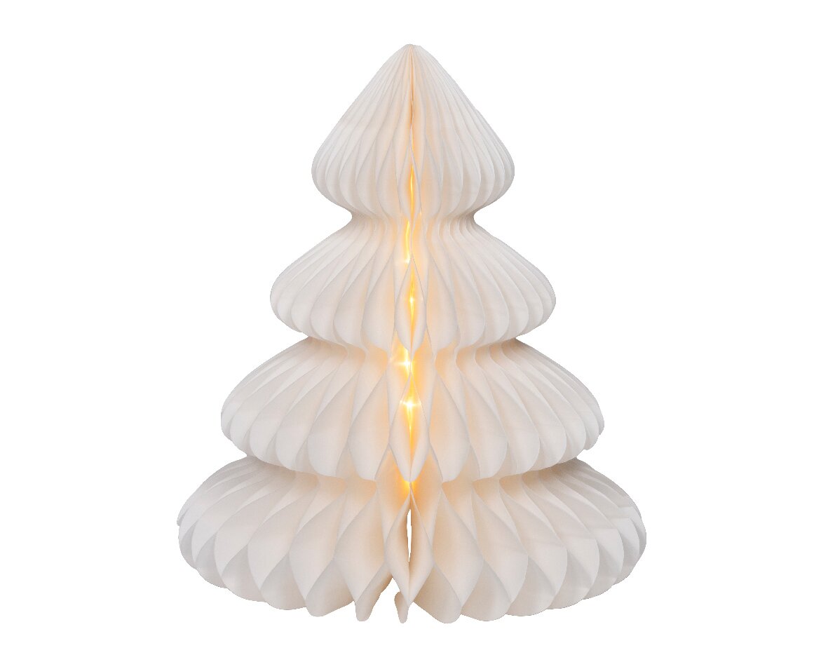 Lumineo Micro LED Papierbaum 48cm Weißer Micro LED Baum aus Papier in Tannenbaumform, frontal betrachtet, mit warmem Licht leuchtend.