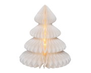 Weißer Micro LED Baum aus Papier in Tannenbaumform, frontal betrachtet, mit warmem Licht leuchtend.