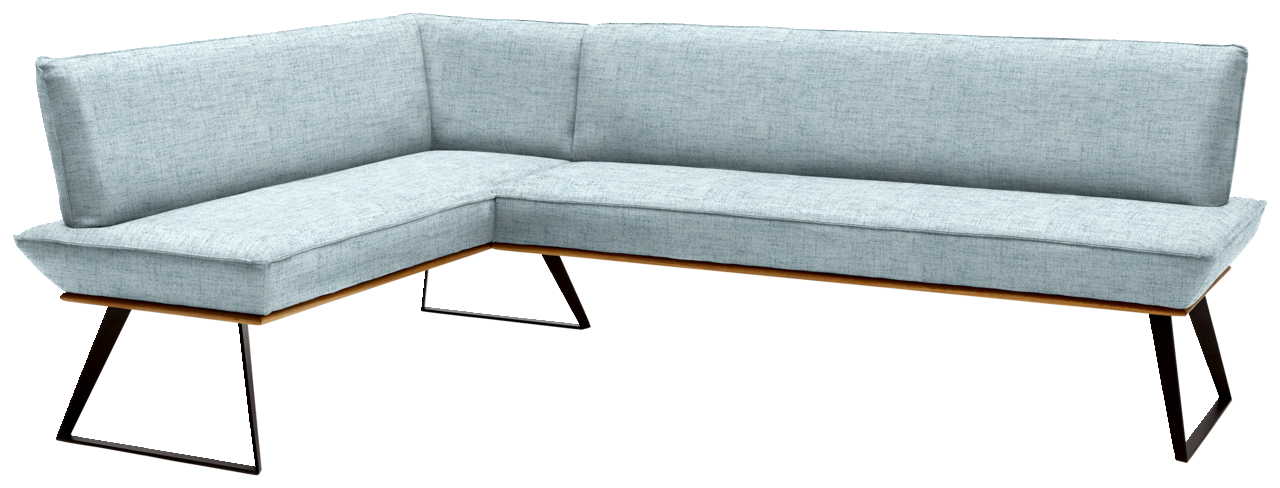 Voleo Eckbank 163x203 cm MALIBU Eckbank in hellblauem Stoffbezug mit schwarzem Metallgestell, Perspektive von vorne links