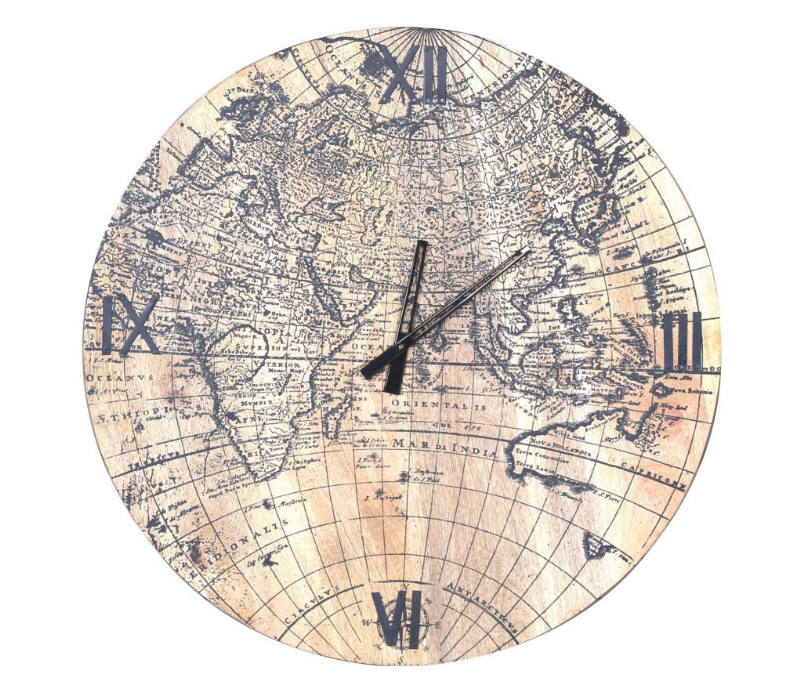 Wanduhr mit antikem Weltkarten-Design, frontal abgebildet