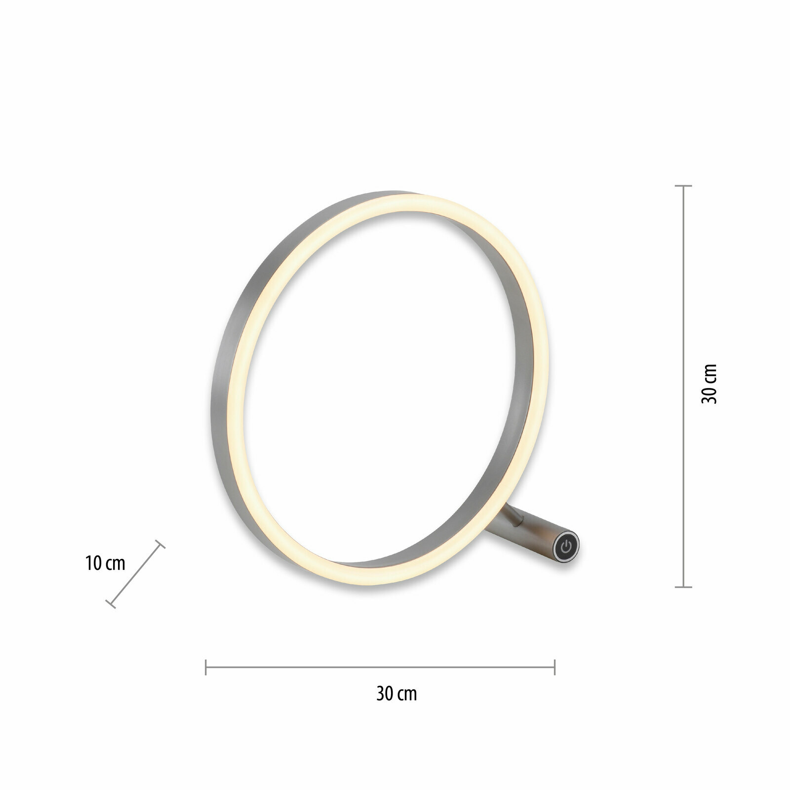 Moderne Tischleuchte RITUS in Ringform mit seitlichem Schalter, seitliche Perspektive
