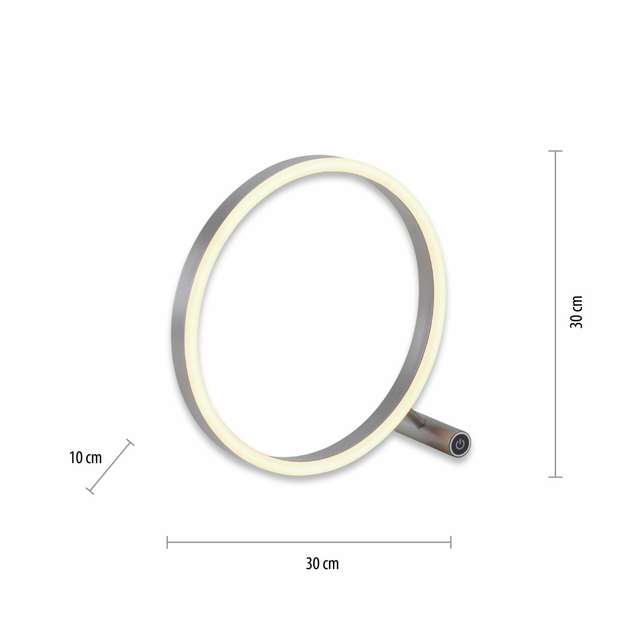 Moderne Tischleuchte RITUS in Ringform mit seitlichem Schalter, seitliche Perspektive