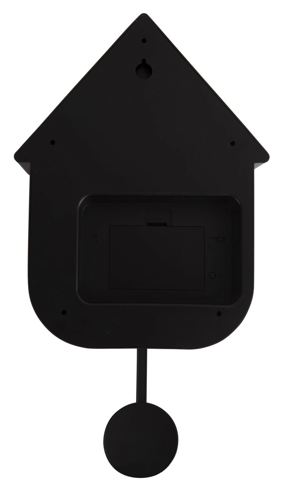 Rückansicht einer schwarzen Wanduhr in Form eines Hauses mit Pendel.