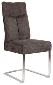 Moderner Freischwinger-Stuhl mit grauem Stoffbezug und verchromtem Metallgestell, seitliche Perspektive