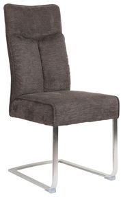 Moderner Freischwinger-Stuhl mit grauem Stoffbezug und verchromtem Metallgestell, seitliche Perspektive