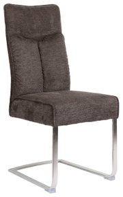 Moderne cantilever-stoel met grijze stoffen bekleding en verchroomd metalen frame, zijaanzicht