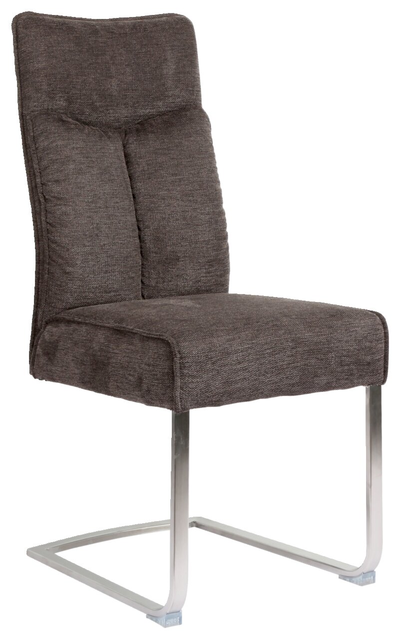 Moderne cantilever-stoel met grijze stoffen bekleding en verchroomd metalen frame, zijaanzicht