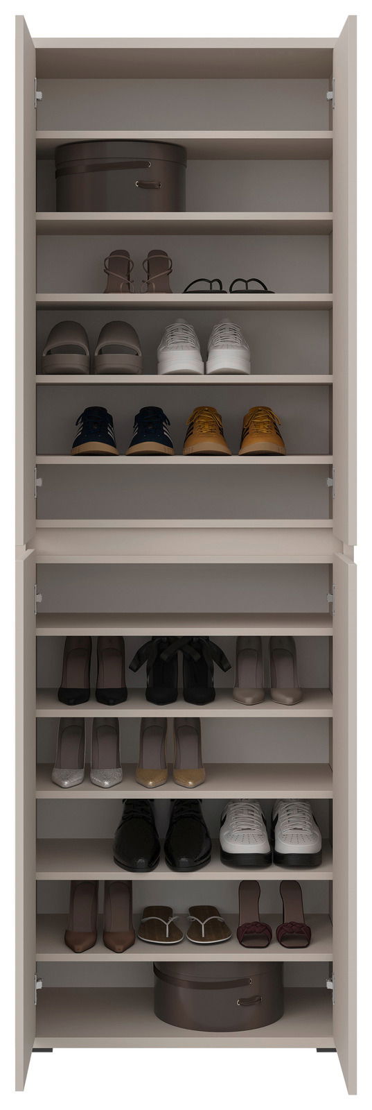 XORA XXL-Schuh-/Mehrzweckschrank LIV Vorderansicht eines geöffneten XXL-Schuh- und Mehrzweckschranks mit mehreren Regalböden, gefüllt mit verschiedenen Schuhen und einem runden Aufbewahrungsbehälter.
