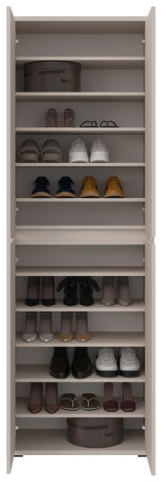 Vorderansicht eines geöffneten XXL-Schuh- und Mehrzweckschranks mit mehreren Regalböden, gefüllt mit verschiedenen Schuhen und einem runden Aufbewahrungsbehälter.