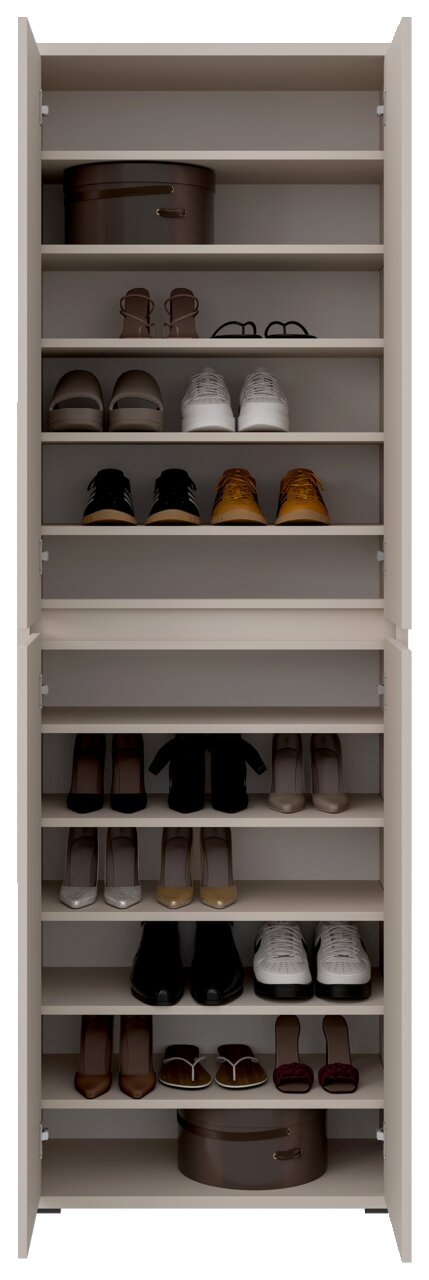 XORA XXL-schoenen-/multifunctionele kast LIV Vooraanzicht van een geopende XXL-schoenen- en multifunctionele kast met meerdere planken, gevuld met diverse schoenen en een ronde opbergbak.