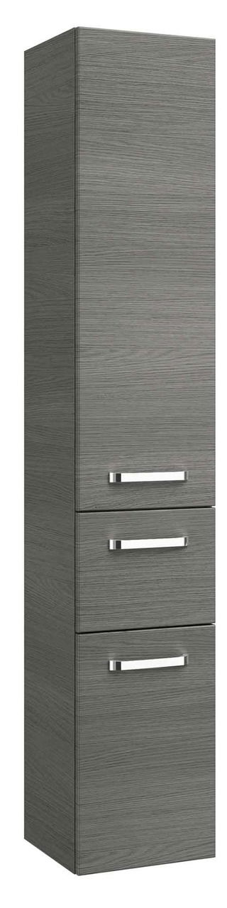 Hochschrank in grauer Holzoptik mit zwei Schubladen und einer Tür, Frontalansicht