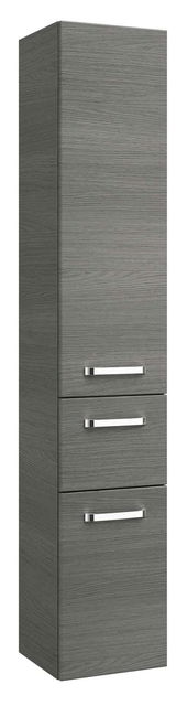 Hochschrank in grauer Holzoptik mit zwei Schubladen und einer Tür, Frontalansicht