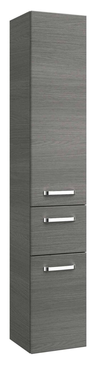 Hochschrank in grauer Holzoptik mit zwei Schubladen und einer Tür, Frontalansicht