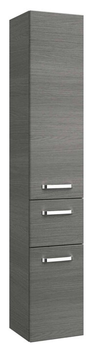 Hochschrank in grauer Holzoptik mit zwei Schubladen und einer Tür, Frontalansicht