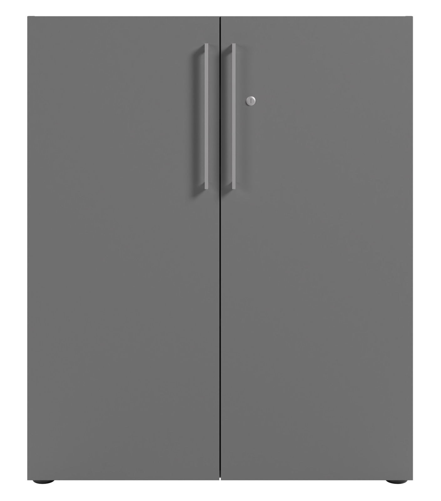 Grauer Aktenschrank mit zwei Türen, frontal betrachtet