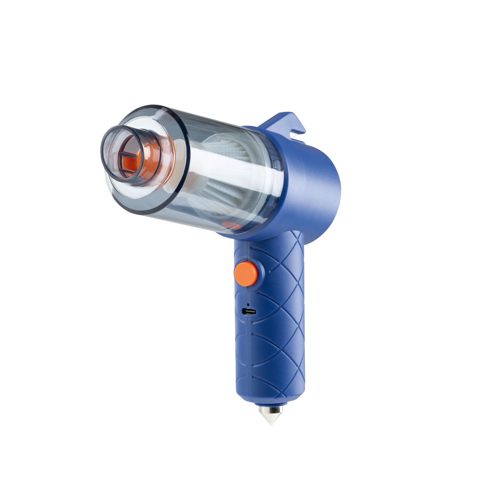 Blauer Handstaubsauger mit transparentem Behälter und orangenem Knopf, seitliche Perspektive