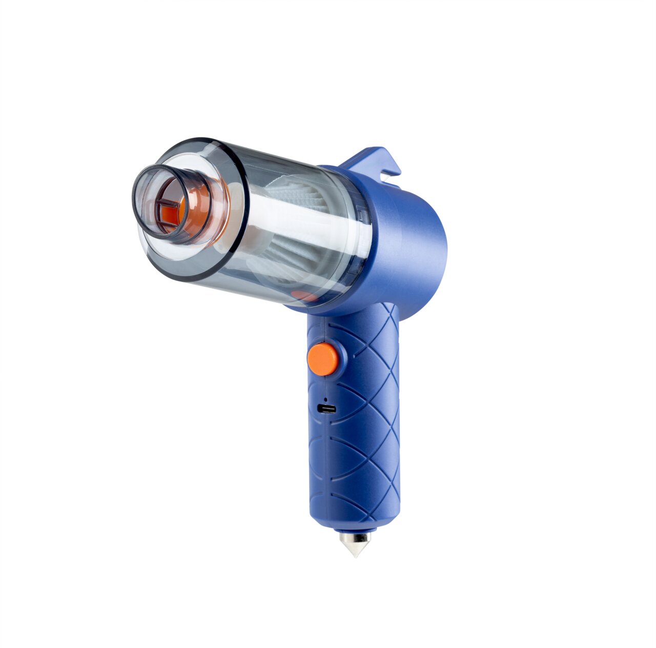 Blauer Handstaubsauger mit transparentem Behälter und orangenem Knopf, seitliche Perspektive