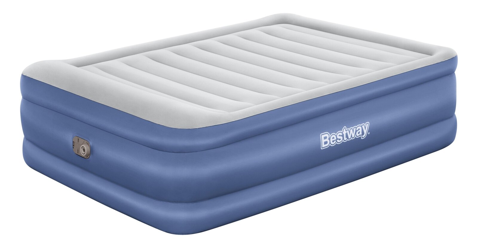 Blauw Bestway luchtbed met verhoogde witte ligzijde en ingebouwd ventiel, schuin van voren en bovenaf weergegeven