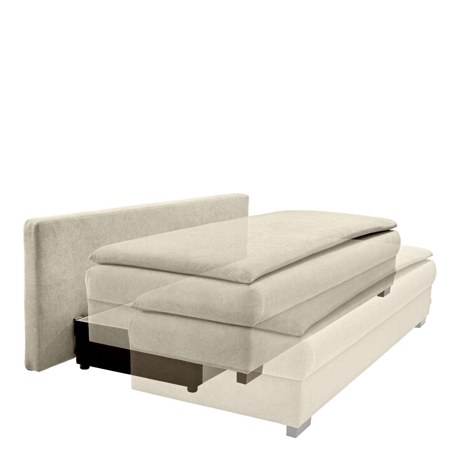 Beige functionele bank in zijaanzicht, gedeeltelijk uitgeschoven.