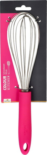 Ein pinker Schneebesen mit Edelstahl-Drähten und ergonomischem Griff, frontal abgebildet auf einer Verpackung.