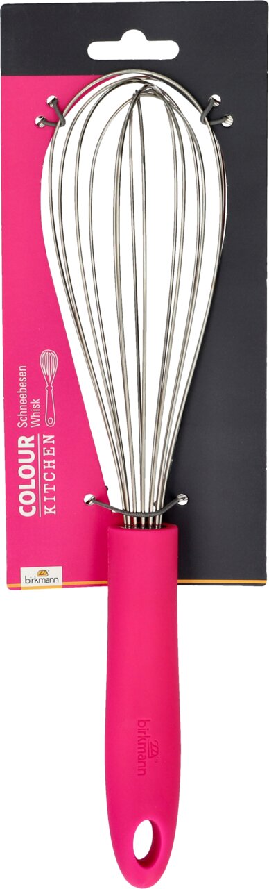 Ein pinker Schneebesen mit Edelstahl-Drähten und ergonomischem Griff, frontal abgebildet auf einer Verpackung.