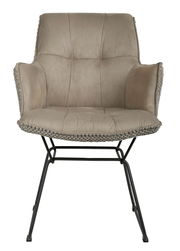 Frontansicht eines beigen Armlehnstuhls mit Metallgestell und gepolstertem Sitz und Rückenlehne.