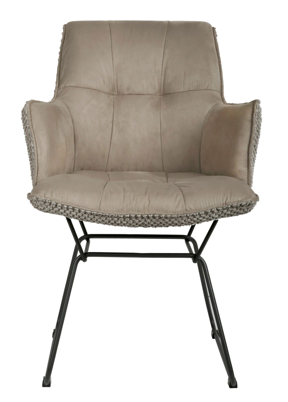 Frontansicht eines beigen Armlehnstuhls mit Metallgestell und gepolstertem Sitz und Rückenlehne.