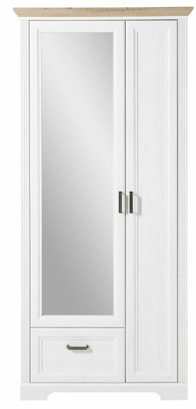 Weißer Garderobenschrank mit Spiegel und Schublade, Frontalansicht