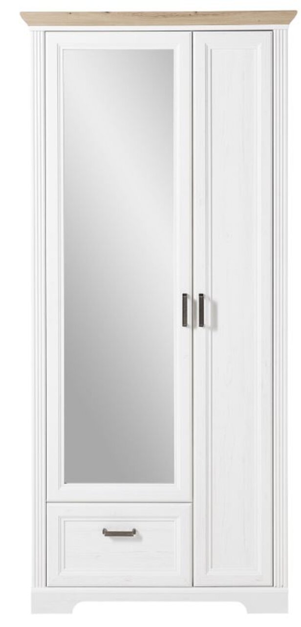 Weißer Garderobenschrank mit Spiegel und Schublade, Frontalansicht