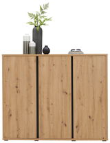 Schuhschrank aus Holz mit drei Türen, dekoriert mit Vasen und Pflanzen, Frontalansicht