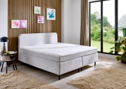 Modernes Boxspringbett in einem stilvollen Schlafzimmer mit Holzwandverkleidung und großen Fenstern, seitliche Perspektive.