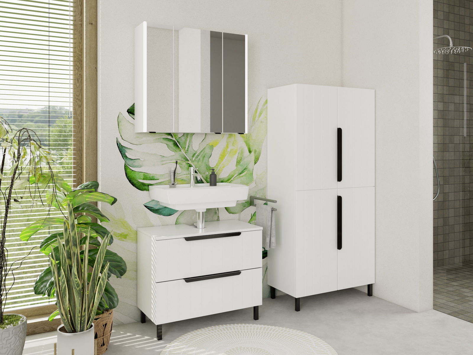 Moderner weißer Waschbeckenunterschrank mit zwei Schubladen, schwarzem Griff und eleganter, minimalistischer Gestaltung, frontal abgebildet in einem stilvoll eingerichteten Badezimmer mit Pflanzen und Wanddekoration.