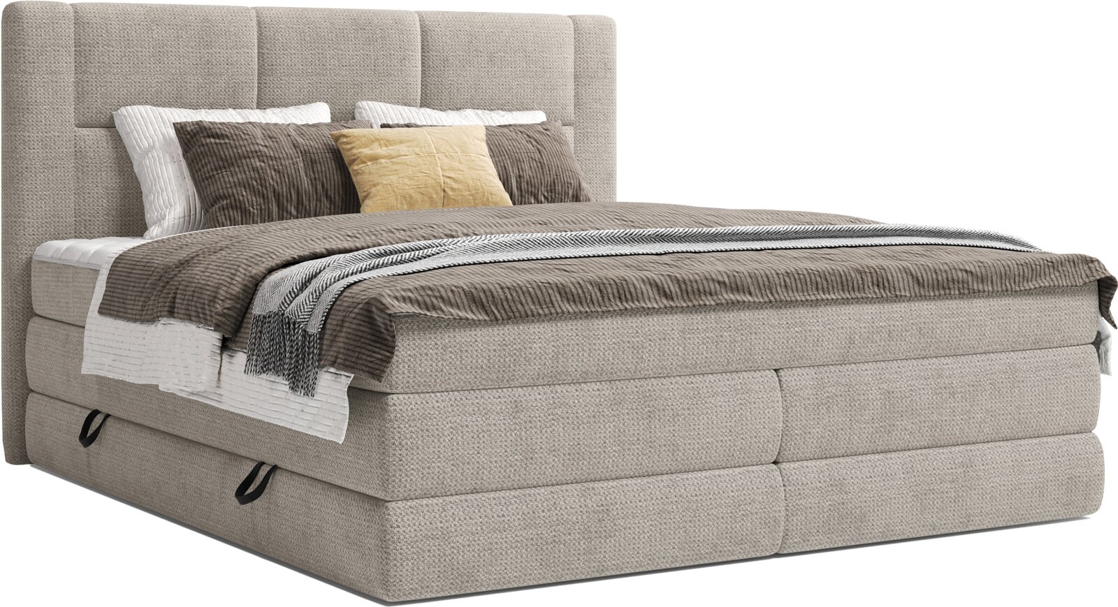 Beiges, stoffbezogenes Boxspringbett mit gepolstertem, rechteckig gestepptem Kopfteil und Bettwäsche in Grau- und Beigetönen, freigestellt auf weißem Hintergrund; Ansicht schräg von vorne (3/4-Perspektive).